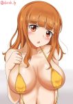  1girl bangs blunt_bangs blush breasts commentary eyebrows_visible_through_hair frown fuyunoyukino girls_und_panzer hand_on_own_chest head_tilt highres large_breasts long_hair looking_at_viewer open_mouth orange_eyes orange_hair slingshot_swimsuit solo swimsuit takebe_saori twitter_username upper_body white_background yellow_swimsuit 