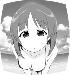  :o bangs beach bikini_shorts breasts cleavage cloud cloudy_sky commentary day eyebrows_visible_through_hair foreshortening girls_und_panzer greyscale henyaan_(oreizm) leaning_forward looking_at_viewer monochrome nishizumi_miho ocean outdoors short_hair shorts sky standing 