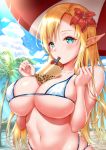  1girl ayase-mio beach bikini bird blonde_hair breasts bubble_tea bubble_tea_challenge cloud cup disposable_cup drinking_straw elf flower green_eyes hair_flower hair_ornament highres large_breasts long_hair original palm_tree parasol pointy_ears skindentation swimsuit tree umbrella 