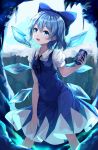  1girl :d bangs black_neckwear black_ribbon blue_bow blue_dress blue_eyes blue_hair bow breasts can chinese_commentary cirno commentary_request dress eyebrows_visible_through_hair feet_out_of_frame hair_between_eyes hair_bow hand_up highres holding holding_can ice ice_wings looking_at_viewer neck_ribbon open_mouth pinafore_dress puffy_short_sleeves puffy_sleeves ribbon shirt short_hair short_sleeves small_breasts smile snozaki solo standing touhou white_shirt wings 