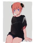  1girl arm_support bangs black_shirt blue_eyes blue_shorts bra_strap bun_cover closed_mouth contemporary double_bun gintama grey_background kagura_(gintama) loli_bushi looking_at_viewer orange_hair print_shirt shirt short_hair short_shorts short_sleeves shorts sitting solo t-shirt 