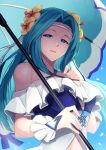  1girl aqua_hair bare_shoulders blue_background blue_eyes criss-cross_halter fiora_(fire_emblem) fire_emblem fire_emblem:_the_blazing_blade fire_emblem_heroes flower hair_flower hair_ornament halterneck highres holding holding_umbrella long_hair nakabayashi_zun simple_background solo swimsuit umbrella upper_body 