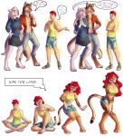  2016 absurd_res alpha_channel anthro barefoot big_breasts blue_eyes bottomwear breast_growth breasts canid canine canis clothing dialogue digitigrade felid female footwear gender_transformation green_eyes group hair hi_res human human_to_anthro legwear long_hair looking_at_viewer male mammal mtf_transformation pantherine red_hair scissorsrunner sequence shirt shoes shorts simple_background sitting skirt smile socks species_transformation standing surprise tiger topwear torn_clothing transformation transparent_background wolf 