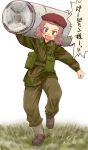  1girl :d alternate_costume belt beret british_army brown_eyes brown_footwear brown_pants camouflage_jacket carrying_over_shoulder commentary girls_und_panzer green_jacket harness hat insignia jacket long_sleeves looking_at_viewer medium_hair military military_uniform open_mouth pants pouch red_hair red_headwear rosehip smile solo standing translated uniform uona_telepin utility_belt v-shaped_eyebrows walking 