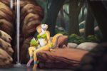 2019 anthro bikini breasts clothed clothing detailed_background digital_media_(artwork) female forest lunalei non-mammal_breasts reptile scalie sitting snake solo swimwear tree water 