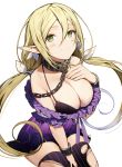  1girl bare_shoulders blonde_hair blush breasts chain cleavage collar dress green_eyes hair_between_eyes heart highres large_breasts long_hair looking_at_viewer misoni_comi original purple_dress purple_legwear simple_background solo striped striped_legwear thighhighs torn_clothes torn_legwear twintails vertical-striped_legwear vertical_stripes white_background 