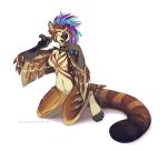  2019 4_toes 5_fingers ailuranthropy anthro avian beak breasts brown_eyes brown_feathers digital_media_(artwork) digitigrade feathers fingers hair hybrid multicolored_hair non-mammal_breasts rainbow_hair simple_background smile solo toes white_background 