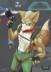  2019 abs anthro biceps bulge canid canine canis clothed clothing fluffyvulps fox fox_mccloud hi_res looking_at_viewer male mammal muscular muscular_male nintendo pecs solo star_fox topless video_games 