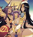  3girls animal_ear_fluff animal_ears bandaged_arm bandages bangs black_hair breasts circlet closed_mouth commentary_request dark_skin double_v egyptian egyptian_clothes facial_mark fate/grand_order fate_(series) fishine girl_sandwich green_eyes hairband huge_breasts large_breasts long_hair multiple_girls nitocris_(fate/grand_order) one_eye_closed open_mouth parted_lips purple_eyes purple_hair queen_of_sheba_(fate/grand_order) sandwiched scheherazade_(fate/grand_order) usekh_collar v 