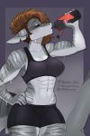  2019 abs anthro bodily_fluids bottle bottomwear bra brown_hair clothing countershading digital_media_(artwork) eyes_closed female fish grey_skin hair hi_res hiddenwolf marine muscular muscular_female navel shark shorts signature solo sports_bra standing stripes sweat underwear 