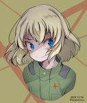  1girl bangs blonde_hair blue_eyes dated fang girls_und_panzer highres jumpsuit katyusha namatyoco short_hair smile solo twitter_username 