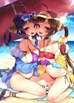  2girls :d ahoge asymmetrical_docking azur_lane ball bandeau bangs bare_legs bare_shoulders beach beach_mat beach_umbrella beachball bikini black_choker blue_jacket blue_sky blush breast_press breasts brown_hair cheek-to-cheek choker cloud collarbone commentary_request day eyebrows_visible_through_hair eyewear_on_head feet_out_of_frame food fur-trimmed_jacket fur_trim gloves groin hair_rings halterneck hand_up highres holding holding_food ice_cream jacket large_breasts long_hair long_sleeves looking_at_viewer mirei multiple_girls navel ning_hai_(azur_lane) o-ring o-ring_bikini ocean off_shoulder open_clothes open_jacket open_mouth outdoors ping_hai_(azur_lane) popsicle purple_bikini purple_eyes purple_gloves purple_hair red_eyes red_gloves sandals side-tie_bikini sidelocks sitting sky small_breasts smile stomach stuffed_animal stuffed_panda stuffed_toy sunglasses sweat swimsuit thighs twintails umbrella very_long_hair visor_cap wariza yellow_jacket 