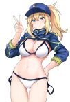  1girl ahoge artoria_pendragon_(all) baseball_cap bikini blonde_hair blue_eyes blue_headwear blue_jacket blush breasts closed_mouth commentary_request cropped_jacket eyebrows_visible_through_hair fate/grand_order fate_(series) hair_between_eyes hair_through_headwear hand_on_hip hand_up hat highres jacket looking_at_viewer medium_breasts medium_hair midriff mysterious_heroine_xx_(foreigner) ponytail poshi_(ginmokusei) shrug_(clothing) side-tie_bikini simple_background smile solo swimsuit v white_background white_bikini 