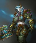  anthro armor axe blizzard_entertainment bovid bovine cattle clothed clothing female glowing glowing_eyes hair hi_res horn link2004 mammal melee_weapon muscular muscular_female solo tauren video_games walking warcraft weapon 