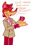 ? anthro atlus bottomwear clothed clothing crash_bandicoot_(series) crossover dialogue english_text food gloves goro_akechi hair handwear hi_res long_hair looking_at_viewer macropod male mammal marsupial megami_tensei megami_tensei_persona naughty_dog necktie pancake pants pinstripe_potoroo potoroo question solo sony_corporation sony_interactive_entertainment standing suit teeth text velvetyf video_games yellow_eyes 