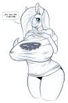  2019 anthro big_breasts blush breasts clothed clothing dialogue digital_media_(artwork) english_text equid eyelashes female fluttershy_(mlp) friendship_is_magic hair hair_over_eye huge_breasts long_hair mammal monochrome my_little_pony open_mouth sketch solo spot_color teal_eyes text zwitterkitsune 