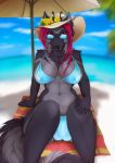  2019 5_fingers anthro bikini breasts bulge canid canine canis clothed clothing detailed_background digital_media_(artwork) dya fingers gynomorph hair hi_res intersex lycangel mammal navel outside penis_outline red_eyes red_hair sitting solo swimwear wolf 