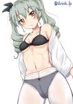  1girl :o anchovy ass_visible_through_thighs bangs black_bra black_panties black_ribbon blush bow bow_bra bow_panties bra breasts commentary cowboy_shot crotch_seam drill_hair dutch_angle fuyunoyukino girls_und_panzer green_hair hair_ribbon head_tilt highres long_hair looking_at_viewer medium_breasts navel off_shoulder panties panties_under_pantyhose pantyhose parted_lips red_eyes ribbon shirt shirt_pull simple_background skindentation solo standing thighs twin_drills twintails twitter_username underwear underwear_only undressing white_background white_shirt 