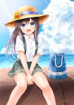  1girl asashio_(kantai_collection) bag bangs black_hair blue_eyes blush buttons cloud comiching day eyebrows_visible_through_hair flower hat hat_flower highres kantai_collection long_hair ocean open_mouth outdoors pleated_skirt shirt short_sleeves sitting skirt sky solo sun_hat suspender_skirt suspenders water white_shirt 