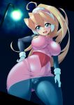  :d bangs blonde_hair blue_eyes blush breasts cameltoe ciel_(rockman) contrapposto eyebrows_visible_through_hair gloves hair_between_eyes hand_on_hip hand_on_own_thigh headgear high_ponytail impossible_clothes light long_hair looking_at_viewer looking_down open_mouth pantyhose ponytail rockman rockman_zero semikichi skirt smile solo taut_clothes white_gloves 
