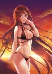  1girl bangs bare_shoulders bikini black_bikini blush breasts brown_hair cleavage collarbone consort_yu_(fate) criss-cross_halter demmy fate/grand_order fate_(series) halterneck long_hair looking_at_viewer medium_breasts navel red_eyes solo swimsuit thighs very_long_hair 