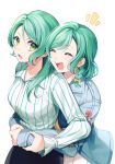  2girls :d ^_^ bang_dream! black_skirt blue_shirt bow breast_pocket closed_eyes collared_shirt commentary_request floral_print green_hair hair_between_eyes hair_bow hand_on_another&#039;s_arm hikawa_hina hikawa_sayo hug hug_from_behind long_hair long_sleeves minori_(faddy) multiple_girls notice_lines open_mouth pocket print_sleeves shirt short_hair siblings side_braids simple_background sisters skirt smile striped striped_shirt twins v-shaped_eyebrows vertical-striped_shirt vertical_stripes white_background white_shirt white_skirt wrist_cutout yellow_bow 