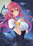  1girl alternate_costume argyle argyle_background bangs bat black_skirt blue_ribbon blush breasts center_frills commentary_request constellation demon_wings eyebrows_visible_through_hair full_moon hair_between_eyes hands_up head_wings high-waist_skirt koakuma large_breasts long_hair looking_at_viewer low_wings moon natsuki_(ukiwakudasai) night night_sky outdoors own_hands_together puffy_short_sleeves puffy_sleeves red_eyes red_hair ribbon scrunchie shirt short_sleeves skirt sky smile solo steepled_fingers touhou upper_body white_shirt wing_collar wings wrist_scrunchie yellow_scrunchie 