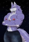  anthro canid canine canis clothed clothing croiyan crossed_arms hi_res looking_at_viewer male mammal muscular muscular_male nipples pecs smile solo topless wolf 