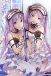  2girls akatsuki_hijiri bangs bare_shoulders blush breasts choker commentary_request dress euryale eyebrows_visible_through_hair fate/grand_order fate/hollow_ataraxia fate_(series) frilled_dress frills hairband hand_on_own_chest head_tilt headdress highres jewelry lolita_hairband long_hair looking_at_viewer multiple_girls open_mouth parted_bangs purple_eyes purple_hair revision ribbon siblings sisters sitting smile stheno strapless twins twintails very_long_hair white_dress 