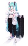  1girl absurdres alternate_costume aqua_eyes black_pants commentary_request earbuds earphones eyebrows_visible_through_hair glasses hair_between_eyes hatsune_miku highres jacket long_hair long_sleeves looking_at_viewer midriff navel off_shoulder open_mouth pants rlawoals2588 shadow shoes simple_background solo sports_bra twintails very_long_hair vocaloid white_background white_footwear white_jacket white_sports_bra 