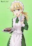  1girl alternate_costume anti_(untea9) apron bangs blonde_hair blunt_bangs bottle commentary_request dress enmaided food frilled_apron frills gradient gradient_background green_background green_dress green_eyes hair_ornament hair_ribbon highres kantai_collection long_hair looking_at_viewer low_ponytail maid maid_headdress open_mouth ribbon shin&#039;you_(kantai_collection) side_ponytail solo sushi tokkuri twitter_username white_apron yellow_ribbon 