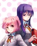  2girls bangs blush book doki_doki_literature_club frown grey_jacket hair_between_eyes hair_ornament hair_ribbon hairclip height_difference holding holding_book jacket long_hair long_sleeves looking_at_viewer multiple_girls murai_shinobu natsuki_(doki_doki_literature_club) neck_ribbon pink_eyes pink_hair polka_dot polka_dot_background purple_eyes purple_hair red_ribbon ribbon school short_hair sidelocks simple_background swept_bangs two_side_up upper_body v-shaped_eyebrows wing_collar yuri_(doki_doki_literature_club) 