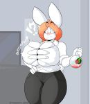  ?! abbi_(kilinah) absurd_res anthro big_breasts blush breast_expansion breasts cleavage clothed clothing female freckles hi_res huge_breasts lagomorph leporid mammal rabbit thegentlebro wide_hips 