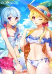  2girls ;d alternate_hairstyle bang_dream! bikini bikini_skirt blonde_hair blue_bikini blue_flower blue_ribbon bow braid breasts cleavage collarbone cowboy_shot day floral_print flower frilled_bikini frills hair_bow hair_over_shoulder halterneck hand_on_own_shoulder hat hat_flower hat_ribbon holding_beachball long_hair low-tied_long_hair matsubara_kanon medium_breasts minori_(faddy) multiple_girls navel one_eye_closed open_mouth outdoors palm_leaf pink_bikini ponytail print_bikini purple_eyes red_bow red_flower ribbon seashell_bracelet shirasagi_chisato side-tie_bikini signature smile starfish_hair_ornament swimsuit yellow_towel 