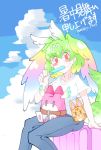  1girl alternate_costume bangs blue_sky blush casual cerval cloud commentary_request eyebrows_visible_through_hair food green_hair hair_between_eyes head_wings highres kemono_friends looking_at_viewer lucky_beast_type_3 pants parsley_1941 popsicle red_eyes shirt shochuumimai short_hair short_sleeves sitting sky solo tail white_shirt 