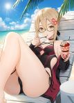  1girl ahoge artoria_pendragon_(all) ass bangs bare_shoulders beach_chair black-framed_eyewear black_choker black_jacket black_swimsuit blue_sky breasts brown_eyes brown_hair choker cloud commentary_request day fate/grand_order fate_(series) flower glasses hair_between_eyes hair_flower hair_ornament holding holding_spoon horizon jacket knees_up light_rays looking_at_viewer mysterious_heroine_x_(alter) ocean off_shoulder one-piece_swimsuit open_clothes open_jacket outdoors parfait parted_lips reclining semi-rimless_eyewear short_hair sidelocks sky small_breasts solo spoon sun sunlight swimsuit thighs tokki under-rim_eyewear 