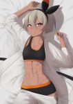  1girl abs absurdres arm_up armpit_peek bed_sheet bike_shorts blush breasts collarbone cowboy_shot dark_skin dougi eyebrows_visible_through_hair hair_between_eyes hairband highres lips looking_at_viewer lying muscle muscular_female navel on_back pokemon pokemon_(game) pokemon_swsh putchers saitou_(pokemon) short_hair silver_eyes silver_hair small_breasts solo sports_bra thick_eyebrows 