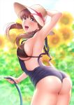  1girl :d arm_up armpits ass bangs bikini bikini_under_clothes black_bikini blue_eyes blurry blush bracelet breasts brown_hair cowboy_shot day denim depth_of_field dripping edogawa_roman flower from_behind hair_over_shoulder hat highres holding holding_hat hose jewelry large_breasts lens_flare long_hair looking_at_viewer looking_back open_mouth original outdoors overalls shiny shiny_skin sideboob skindentation smile solo standing string_bikini sun_hat sunflower suspenders swimsuit twintails twisted_torso underboob water 