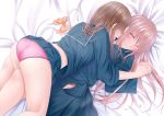  2girls ass bangs bed_sheet blue_eyes blush bow bowtie bowtie_removed breasts brown_hair closed_eyes commentary_request couple crotch_seam hair_between_eyes highres holding_hands imminent_kiss interlocked_fingers kiss lace lace-trimmed_panties leg_between_thighs long_hair lying midriff midriff_peek multiple_girls naginagiwaffle neck_kiss on_back one_eye_closed open_clothes open_mouth open_skirt original panties panty_peek pink_hair pink_panties pleated_skirt profile red_panties revision sailor_collar school_uniform serafuku sidelocks skirt skirt_lift straddling tearing_up underwear unzipped yuri 