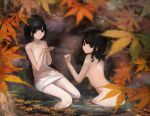  2girls absurdres autumn_leaves black_hair breasts closed_mouth collarbone flat_chest forest hashimoto_kokai highres leaf long_hair looking_at_viewer maple_leaf medium_breasts multiple_girls naked_towel nature nude original outdoors pool short_hair sideboob towel 