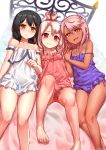  3girls arms_up ass bangs bare_shoulders black_hair blush bound bound_wrists breasts carbon12th chloe_von_einzbern closed_mouth collarbone dark_skin fate/kaleid_liner_prisma_illya fate_(series) feet hair_between_eyes highres illyasviel_von_einzbern legs long_hair looking_at_viewer lying miyu_edelfelt multiple_girls on_back on_bed open_mouth orange_eyes panties pink_camisole pink_hair pink_panties purple_camisole purple_panties red_eyes small_breasts smile thighs underwear white_camisole white_hair white_panties yellow_eyes 