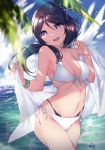  1girl :d bikini black_hair blue_ribbon blue_sky breasts cloud day hair_ribbon highres long_hair looking_at_viewer love_live! love_live!_sunshine!! matsuura_kanan medium_breasts navel ocean open_mouth ponytail purple_eyes ribbon side-tie_bikini sky smile solo standing swimsuit wet white_bikini yamaori_(yamaorimon) 