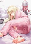  1girl ass blonde_hair blush bottle closed_eyes coca-cola fate/kaleid_liner_prisma_illya fate_(series) food gao_(gaolukchup) highres illyasviel_von_einzbern long_hair lying nintendo_switch on_side pajamas peeing peeing_self pillow pocky sleeping solo thumb_sucking wet wet_clothes 