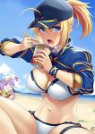  2girls ahoge artoria_pendragon_(all) backwards_hat baseball_cap bb_(fate)_(all) bb_(swimsuit_mooncancer)_(fate) beach bikini blonde_hair blue_eyes blue_headwear blue_jacket blue_sky braid breasts chibi chopsticks cleavage cloud cloudy_sky commentary cropped_jacket fate/grand_order fate_(series) hair_between_eyes hair_ornament hair_through_headwear hat highres instant_ramen jacket large_breasts leotard multiple_girls mysterious_heroine_xx_(foreigner) navel ocean okitakung ponytail purple_eyes purple_hair shrug_(clothing) side-tie_bikini skirt sky star star_hair_ornament swimsuit thigh_strap white_bikini white_bikini_top wristband yellow_skirt zipper_pull_tab 