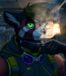  2019 ailurid anthro biped buckles canid canine clothed clothing detailed_background digital_media_(artwork) e-cigarette eyewear fighterjet fishnet fox fur goggles green_eyes hair hi_res hoodie hybrid lamp lantern looking_at_viewer male mammal multicolored_fur open_mouth outside post-apocalyptic raining red_panda shirt smoke smoking solo storm straps tank_top teeth tongue topwear vape vaping vest weather 