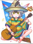  1girl :o alternate_costume artist_name bangs barefoot black_hair commentary eyebrows_visible_through_hat full_body greater_roadrunner_(kemono_friends) green_eyes grey_hair guitar hair_between_eyes hair_through_headwear hat hat_feather highres instrument kemono_friends looking_at_viewer lucky_beast_(kemono_friends) multicolored_hair music musical_note playing_instrument poncho rakugakiraid short_hair shorts simple_background sitting solo sombrero two-tone_swimsuit white_background wristband 