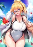  1girl 1other :d absurdres alternate_costume bag bangs bare_shoulders blonde_hair blue_eyes blue_gk blue_jacket blurry blurry_background blush breasts cleavage collarbone commentary covered_navel day eyebrows_visible_through_hair fate/grand_order fate_(series) glasses glint groin hair_between_eyes hairband hand_up highleg highleg_swimsuit highres holding_hands hood hooded_jacket jacket jeanne_d&#039;arc_(fate)_(all) jeanne_d&#039;arc_(swimsuit_archer) large_breasts long_hair looking_at_viewer off_shoulder one-piece_swimsuit open_clothes open_mouth outdoors ponytail pov shiny shiny_skin shoulder_bag sidelocks sitting skindentation smile swimsuit thighs very_long_hair wet whistle whistle_around_neck yamoge 