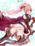  1girl akao_kito arisa_(shadowverse) boots brown_hair capelet cloak elbow_gloves elf gloves green_eyes highres pointy_ears ponytail shadowverse thigh_boots thighhighs 
