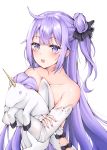  1girl :o absurdres ahoge azur_lane bare_shoulders collarbone detached_sleeves doll_hug dress hair_bun hair_ornament highres long_hair long_sleeves looking_at_viewer one_side_up open_mouth purple_eyes purple_hair simple_background solo stuffed_alicorn unicorn_(azur_lane) upper_body white_background white_dress wung125 