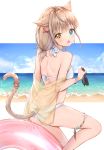  1girl :o animal_ears back bare_legs bare_shoulders beach bikini black-framed_eyewear blue_eyes breasts brown_eyes brown_hair cat_ears cat_girl cat_tail cloud cuna_(qunya) glint hair_ornament halterneck heterochromia highres holding holding_eyewear horizon innertube long_hair looking_at_viewer looking_back medium_breasts ocean open_mouth original red_ribbon ribbon see-through shoulder_blades solo sunglasses swimsuit tail tail_ribbon thighs water white_bikini wristband x_hair_ornament 